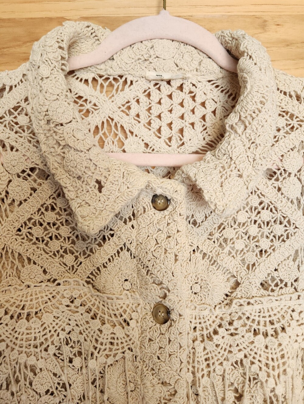 MISS ME CROCHET LACE FRINGE BOHO WESTERN FESTIVAL CREAM SHACKET CARDIGAN LARGE - Picture 16 of 16
